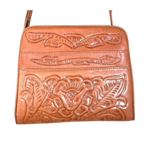 Genuine Mexican Leather Hand Tooled Bag Purse Floral Design Brown Mexico Western - Picture 2 of 13